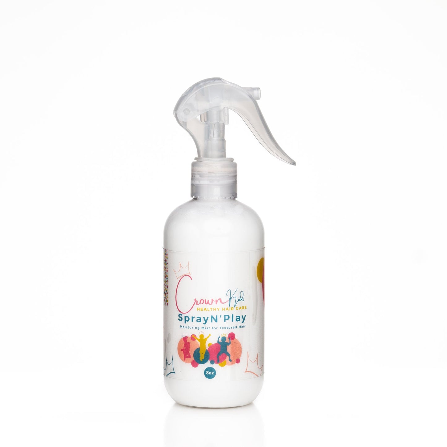 A spray bottle labeled 'Crown Kid's Spray N' Play' designed for children's hair care.