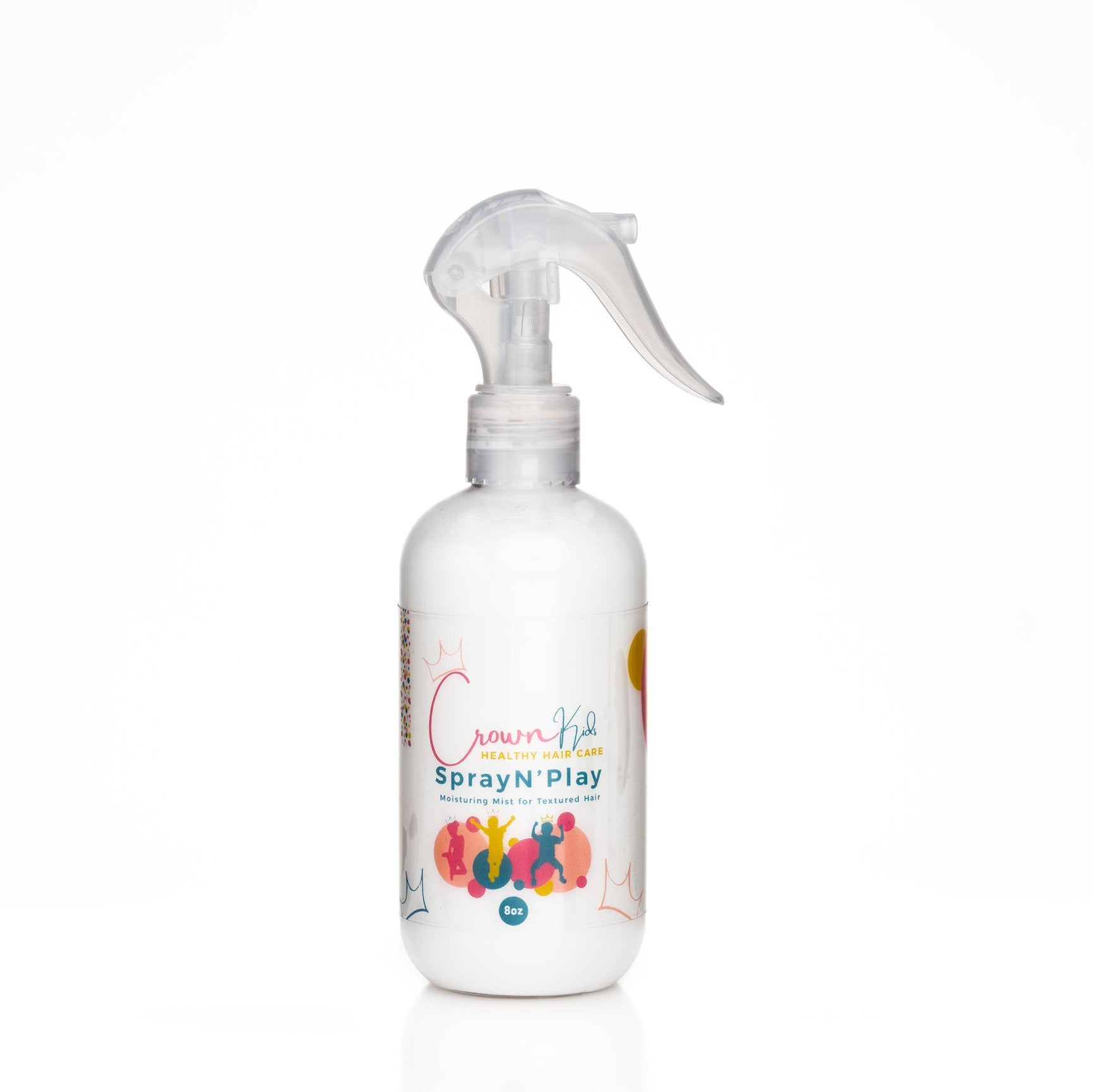 A spray bottle labeled 'Crown Kid's Spray N' Play' designed for children's hair care.